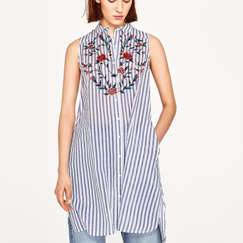 Zara blue white embroidered shirt dress size m